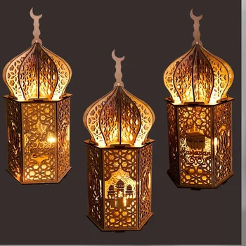 Muçulmano Luzes do Feriado Islã Eid Ramadã Luzes de Luz Caixa de Madeira Montar Lanterna de LED Lâmpada de Noite em Casa Decorações ao ar livre