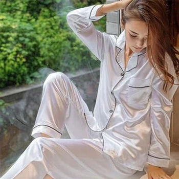 Mulheres Artificiais de Seda do Pijama Conjuntos de Cetim de Pijama de Pijamas Longo/Curto Manga Grande Tamanho de Moda de Pijamas Para a Menina Dormir de Novo 2021 PJS