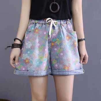 2019 Verão de Mulher Tamanho Plus Estilo Étnico estampa Floral Vintage Denim Shorts de Elástico Meados de cintura Bolso Casual Solta Shorts Jeans