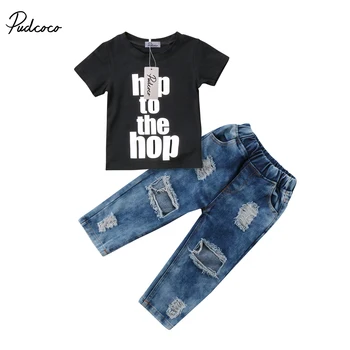2018 Marca Nova Criança Criança Criança Criança Bebê, Roupas Jeans, T-shirt Superior do Orifício de Jeans, Calças 2Pcs de Hip Hop Conjunto de Roupa de Manga Curta