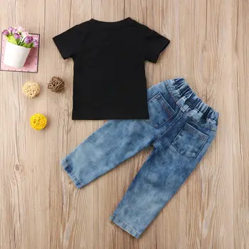 2018 Marca Nova Criança Criança Criança Criança Bebê, Roupas Jeans, T-shirt Superior do Orifício de Jeans, Calças 2Pcs de Hip Hop Conjunto de Roupa de Manga Curta