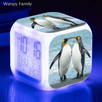 Bonito pinguins relógio despertador brilhante, com termômetro de LED cor mudar digital, relógio despertador quarto de crianças multifunções Eletrônico Assistir