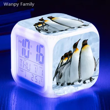 Bonito pinguins relógio despertador brilhante, com termômetro de LED cor mudar digital, relógio despertador quarto de crianças multifunções Eletrônico Assistir