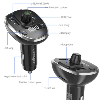 Essager USB Carregador de Carro Para Telemóvel kit mãos livres Bluetooth Transmissor FM MP3 Player Car Kit Carregador Rápido Para iPhone