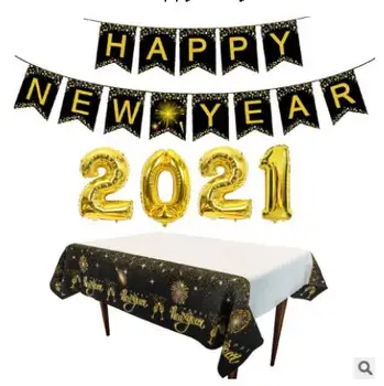 Festa de Ano novo decoração de set, 2021 forma de alumínio do filme do balão alfabeto faixa de costura toalha de mesa colorido pendurado bandeira