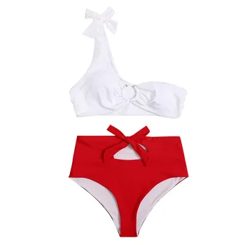 Melphieer Mulheres Brancas Assimétrica do Anel Centro Superior de Cintura Alta Nó Vermelho parte Inferior do Biquíni Designer maiô de Duas peças Swimsuit
