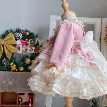 Menina de Outono Inverno de Veludo cor-de-Rosa Vintage espanhol Pompom Bola Princesa Lolita Vestido para o Natal, Aniversário