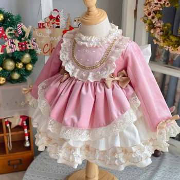 Menina de Outono Inverno de Veludo cor-de-Rosa Vintage espanhol Pompom Bola Princesa Lolita Vestido para o Natal, Aniversário
