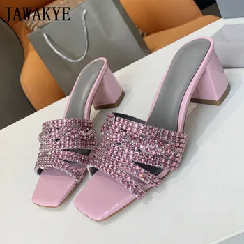 Cor-de-rosa Nupcial Sapatos de Luxo Bling-bling Cristal Chinelos de quarto Partido Sandalias Sapatas das Mulheres da Praça de Dedo do pé Aberto Vestido de Slides de Férias