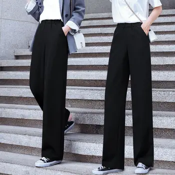 Calças Para Mulheres De Perna Larga Calças De Cintura Elástica De Alta Moda Slim Estilo Coreano Simples Feminino Casual Macio Fino Solto O Desgaste Do Trabalho De Verão