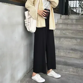Calças Para Mulheres De Perna Larga Calças De Cintura Elástica De Alta Moda Slim Estilo Coreano Simples Feminino Casual Macio Fino Solto O Desgaste Do Trabalho De Verão