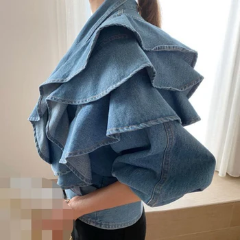 2020 outono nova-coreano de moda V-pescoço eriçadas de longa manga curta jaqueta jeans mulheres de Jeans, Casacos Feminino outwear