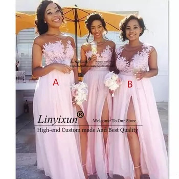 2021 barato Chiffon blush cor-de-rosa Vestidos de Dama de honra Appliqued Ilusão Corpete Sexy de Verão de Split Mulheres negras dama De Honra