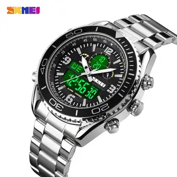 SKMEI de melhor Marca de Luxo dos Homens de Aço Inoxidável Relógios de Luz LED relógio de Pulso Masculino 2 Tempo de Chrono Relógio Despertador Relógio Masculino 1600