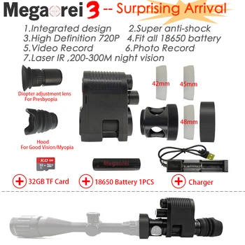 Megaorei 3 Visão Noturna Rifle Âmbito NV007 Caça visor Óptico Câmera de Vídeo de HD720P Registro de Fotografia, Tendo 850nm Laser Infravermelho do IR