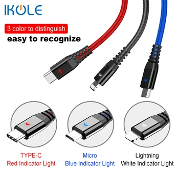 IKOLE Colorida 3 EM 1 com IOS Tipo-C Micro Android Trançada de Nylon Cabo USB com Luz LED de Carregamento Rápido para Smart Phone e Tablet