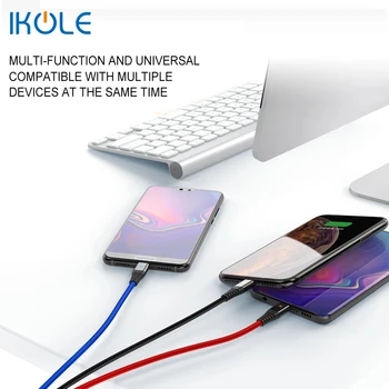 IKOLE Colorida 3 EM 1 com IOS Tipo-C Micro Android Trançada de Nylon Cabo USB com Luz LED de Carregamento Rápido para Smart Phone e Tablet