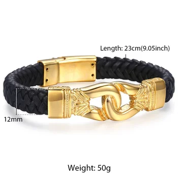 Davieslee Moda Mens Man-made Bracelete de Couro de Aço Inoxidável, Caixa de Ligação do Nó Charme Pulseira 12/13 milímetros de Ouro, Cor de Prata DHB496