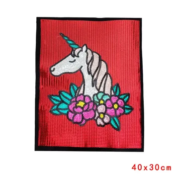 Prajna Grande Pano de patch Unicórnio Flor Cavalo de Lantejoulas Patch Cartoon Costurar Bordado Manchas De Roupas Tshirt Emblema Applique