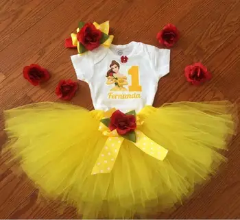 Personalizado em qualquer desenho animado a bela e a Fera Fita Tutu Conjunto de Aniversário, Belle primeiro aniversário de t-shirt roupa conjunto, a Princesa Belle dress