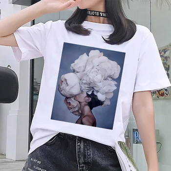Mulheres novas 2020 harajuku branca Camiseta vintage Flores de Penas de Impressão de T-shirt gótico, gola redonda, manga curta casual, Tops, T-shirt