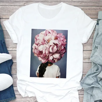 Mulheres novas 2020 harajuku branca Camiseta vintage Flores de Penas de Impressão de T-shirt gótico, gola redonda, manga curta casual, Tops, T-shirt