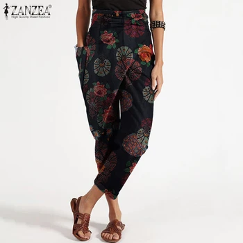 ZANZEA Mulheres de Cintura Alta Floral Impressão Calças Casuais Envoltório Harém Calças Vintage de Algodão, Calças de Linho Nabo Plus Size Streetwear