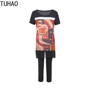 TUHAO Mulheres Conjuntos de Verão de Emenda de Impressão de Médio Comprimento Camisa Calças roupa de Duas peças de Cuecas Senhora Terno Plus Size 5XL 4XL LW108