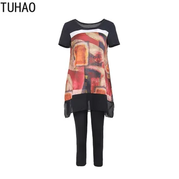 TUHAO Mulheres Conjuntos de Verão de Emenda de Impressão de Médio Comprimento Camisa Calças roupa de Duas peças de Cuecas Senhora Terno Plus Size 5XL 4XL LW108