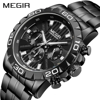MEGIR Mens Relógios de Marca Top de Luxo Preto empresa de Aço Inoxidável do Relógio de Quartzo Homens Relógio Relógio Masculino conjuntos de quarto de Kol Saati
