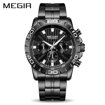 MEGIR Mens Relógios de Marca Top de Luxo Preto empresa de Aço Inoxidável do Relógio de Quartzo Homens Relógio Relógio Masculino conjuntos de quarto de Kol Saati