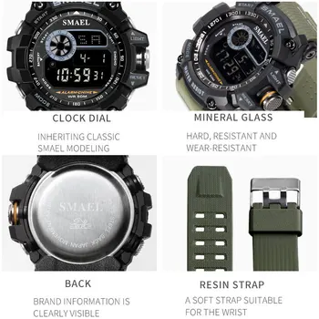 Homens Relógios SMAEL Marca de Relógios Para Homens de Natação Militar de Pulso, 50M à prova d'água Eletrônica Relógio Desportivo Multifunções,