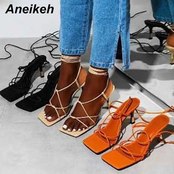 Aneikeh 2020 Nova Moda De Verão Sandálias De Salto Agulha Doce Roma Concisa Sólido Cruz-Amarrado De Mulheres Do Partido Sapatos De Banda Estreita 35-41