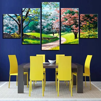 HD de Impressão de Imagem de Quadro Sala de estar Decoração Home 5 Peças com Flor de Árvore de Primavera Paisagem Pintura Modular Moderna Cartaz de Lona de Arte de Parede