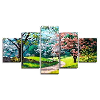 HD de Impressão de Imagem de Quadro Sala de estar Decoração Home 5 Peças com Flor de Árvore de Primavera Paisagem Pintura Modular Moderna Cartaz de Lona de Arte de Parede