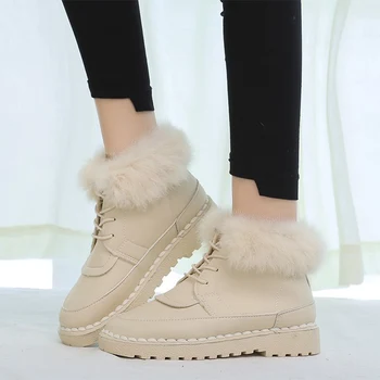 Inverno Mulheres Botas De Neve De Senhoras Sapatos Ankle Boots De Moda De Costura Do Couro Do Plutônio De Pelúcia Quente Lace Feminino Calçados De Conforto Nova Mulher