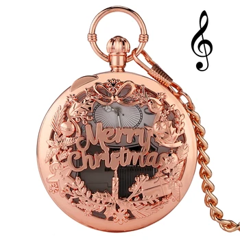 Rosa de Ouro Feliz Natal Manivela Música de Quartzo Relógio de Bolso Exclusivo de Reprodução de Música Fob Assista Ano Novo de Presentes de Natal para Homens Mulheres