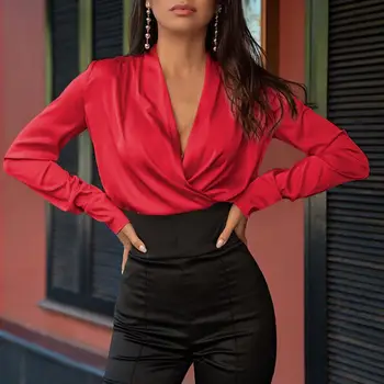 Moda para Mulheres Elegantes OL Blusas de Cetim 2021 Celmia Outono Sexy V-Pescoço Longo da Luva Slik Camisas Casuais Sólido Rua Blusas