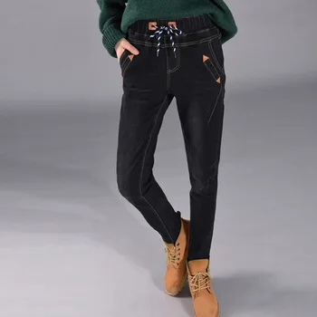 Mulheres Plus Size Jeans Inverno Quente De Lã Senhoras De Calças De Cintura Alta Elástico De Veludo Grosso Soltas, Jeans Mom