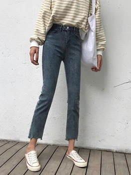WAVSIYIER sólido Streetwear de Jeans, Calças jeans vintage mulher estilo coreano de jeans, calças de mulheres de cintura alta 2020 outono, inverno, calça
