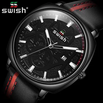 SWISH Relógios de Homens de marcas de Luxo Homens de Negócios Pulseira de Couro Relógios de Quartzo Relógio de Homem Casual Militar Impermeável relógio masculino