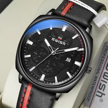 SWISH Relógios de Homens de marcas de Luxo Homens de Negócios Pulseira de Couro Relógios de Quartzo Relógio de Homem Casual Militar Impermeável relógio masculino
