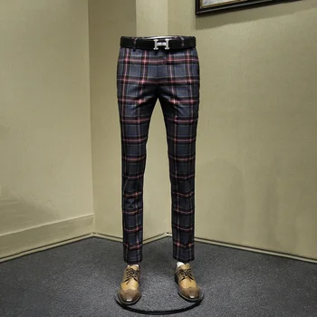 Homens de calças retro slim homem de negócios streetwear Inglaterra estilo vermelho xadrez mens calças de outono a primavera de um jovem homem roupa de 30 36