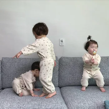 Criança bonito Roupas de Bebê Define o 2pcs de Moda Meninas Meninos de Manga Longa Waffle Botão Tops+leggings, Calças de Conjunto de Bebê com Roupas de 0-24M