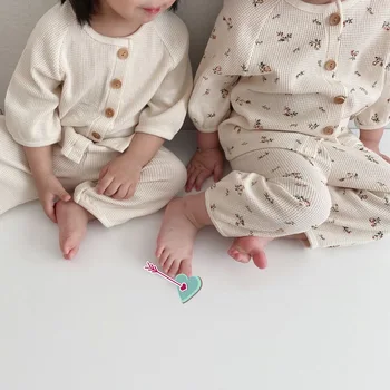 Criança bonito Roupas de Bebê Define o 2pcs de Moda Meninas Meninos de Manga Longa Waffle Botão Tops+leggings, Calças de Conjunto de Bebê com Roupas de 0-24M