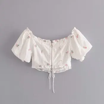 Verão as mulheres tops e blusas chiques mujer moda curto puff manga estampa floral blusa de laço na camisa femme vestidos
