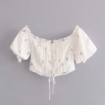 Verão as mulheres tops e blusas chiques mujer moda curto puff manga estampa floral blusa de laço na camisa femme vestidos