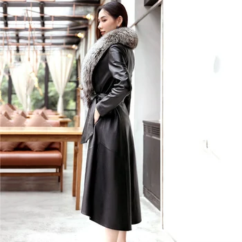 Mulheres Jaqueta de Couro para o Inverno 2020 Novo de Alta qualidade Elegante Magro Grande Gola de Pêlo Longo Casaco de Couro Feminino Outerwear S-7XL