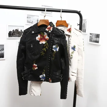 FTLZZ as Mulheres formam a estampa Floral Bordado Jaqueta de Couro PU Casaco de Abertura de cama Colar de Streetwear Motocicleta Preta Punk Outerwear