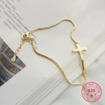Coreia Quente Estilo de Pura Prata 925 Esterlina de Pulseiras para Mulheres Delicadas Moda Cruz de Ouro Pulseira Jóias